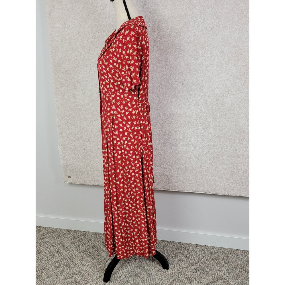 Vintage Sara Campbell Red Floral Midi Dress Petite 8P Button Front Rayon - Picture 12 of 14